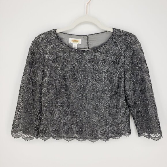 3/$25 581 Talbots Metallic Lace Top 4P Scallop Hem Cropped 3/4 Sleeves Silver - Picture 1 of 8